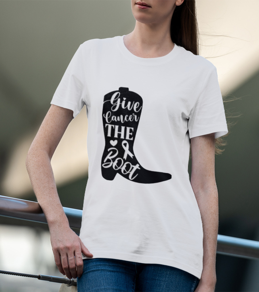 Give Cancer The Boot Awareness Ribbon Western Cowboy Boot T-Shirt