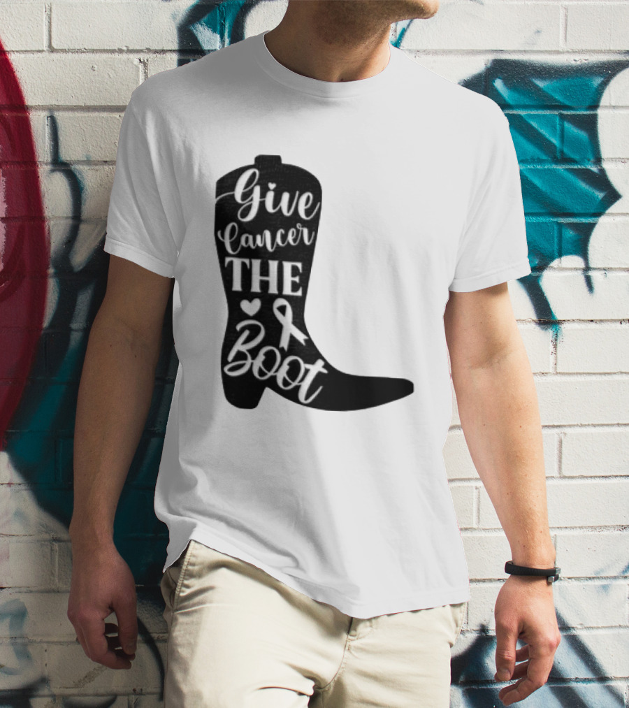Give Cancer The Boot Awareness Ribbon Western Cowboy Boot T-Shirt