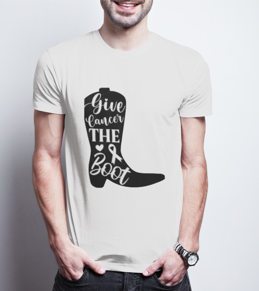 Give Cancer The Boot Awareness Ribbon Western Cowboy Boot T-Shirt
