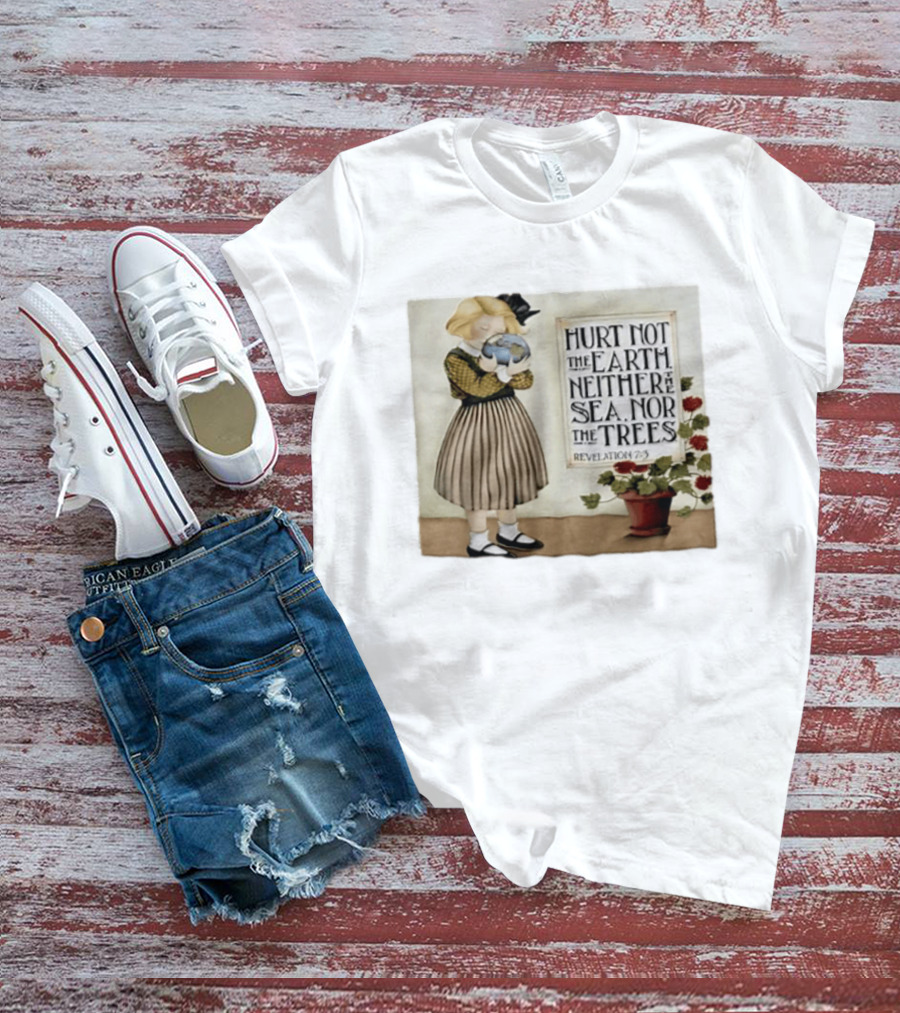 Hurt Not The Earth Revelation 7:3 Vintage Girl Holding Globe Environmental Protection T-Shirt