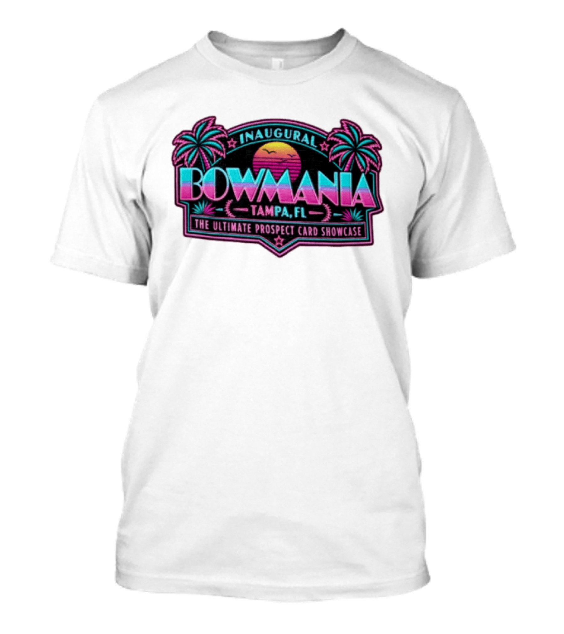 Inaugural Bowmania Tampa FL The Ultimate Prospect Card Showcase Retro Sunset Palm Trees T-Shirt