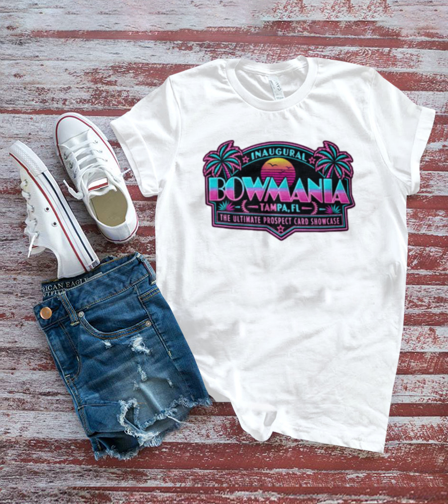 Inaugural Bowmania Tampa FL The Ultimate Prospect Card Showcase Retro Sunset Palm Trees T-Shirt