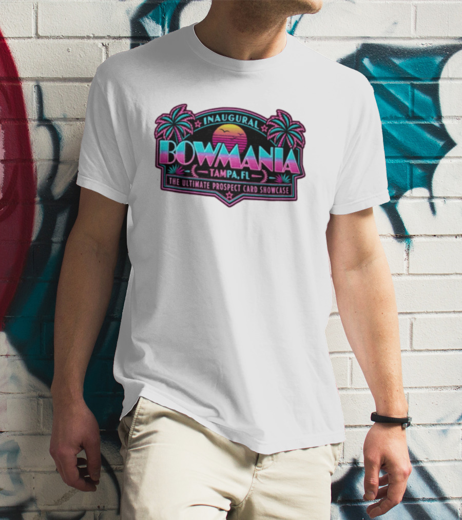 Inaugural Bowmania Tampa FL The Ultimate Prospect Card Showcase Retro Sunset Palm Trees T-Shirt