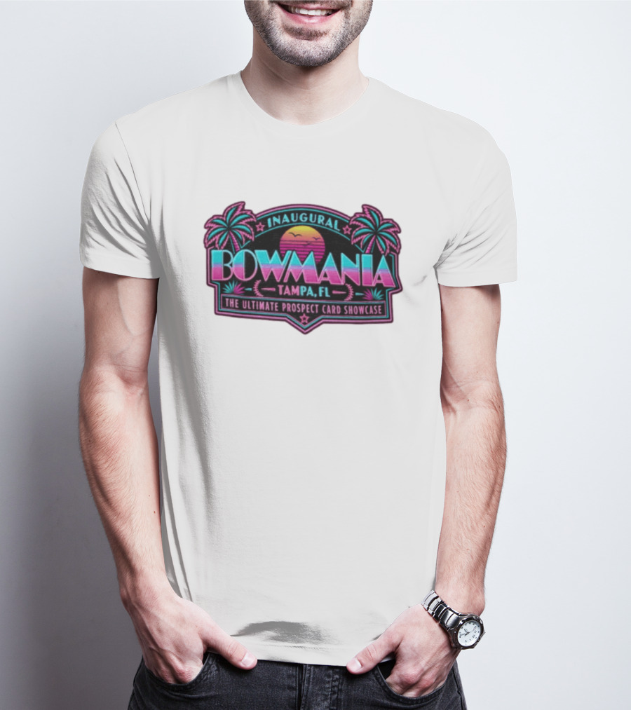 Inaugural Bowmania Tampa FL The Ultimate Prospect Card Showcase Retro Sunset Palm Trees T-Shirt