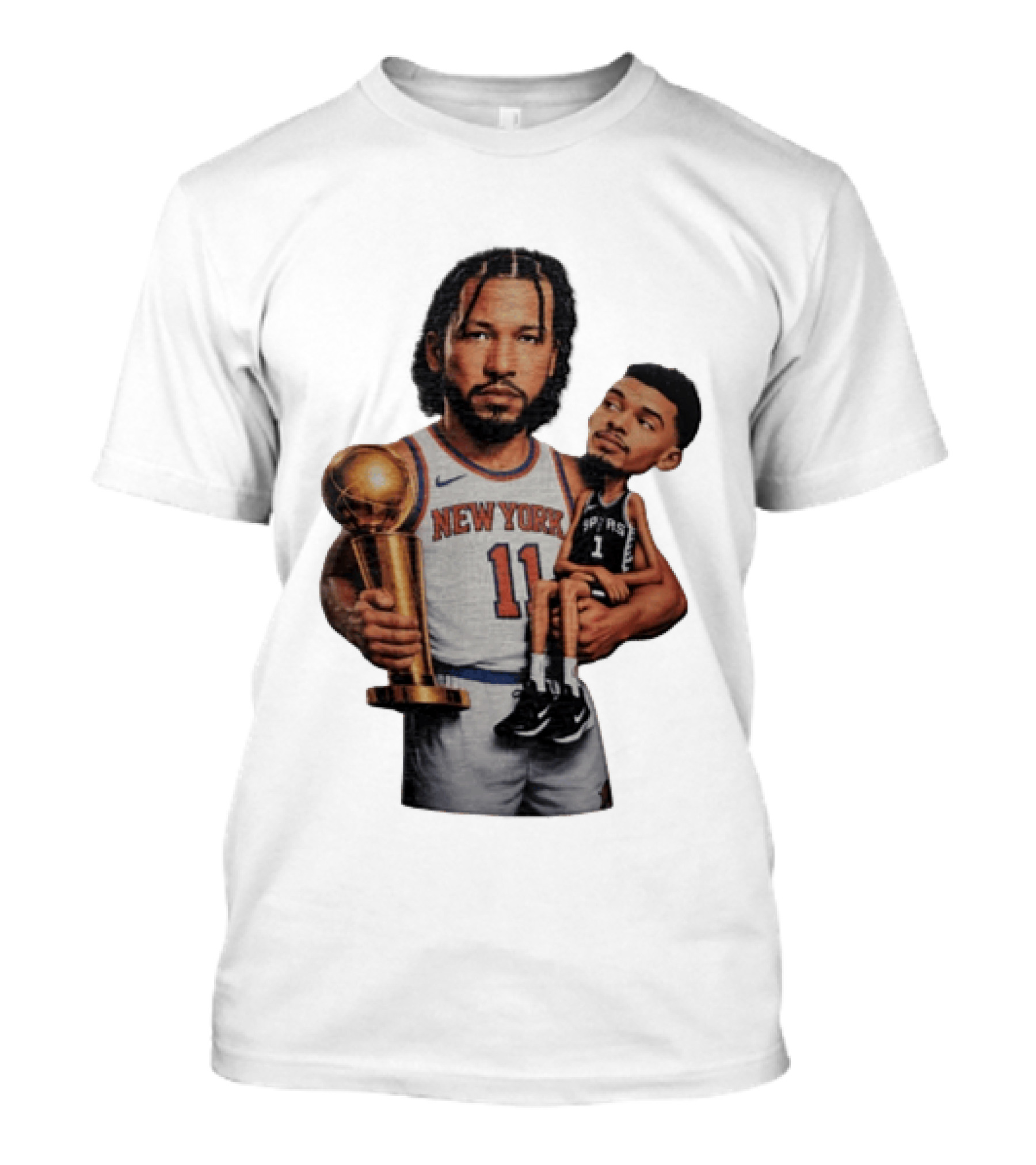 New York Knicks Jalen Brunson Embraces San Antonio Spurs Victor Wembanyama NBA Trophy T-Shirt