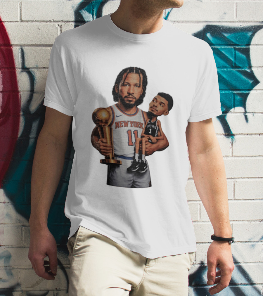 New York Knicks Jalen Brunson Embraces San Antonio Spurs Victor Wembanyama NBA Trophy T-Shirt