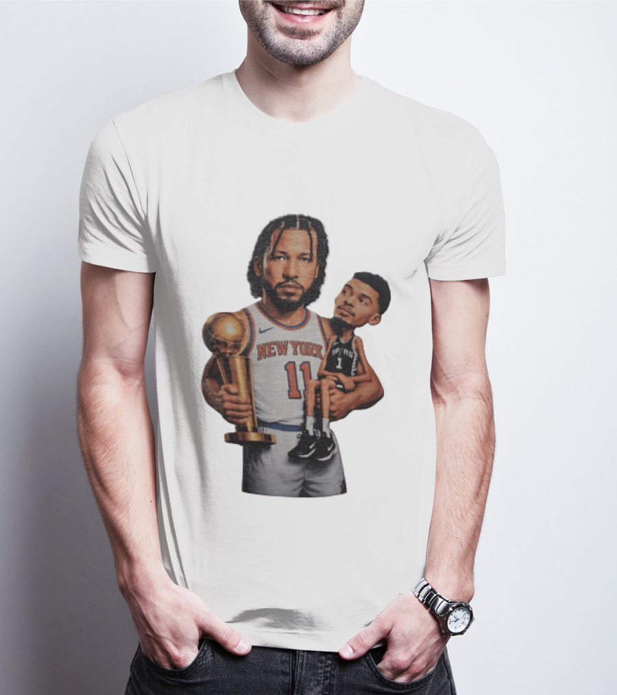 New York Knicks Jalen Brunson Embraces San Antonio Spurs Victor Wembanyama NBA Trophy T-Shirt