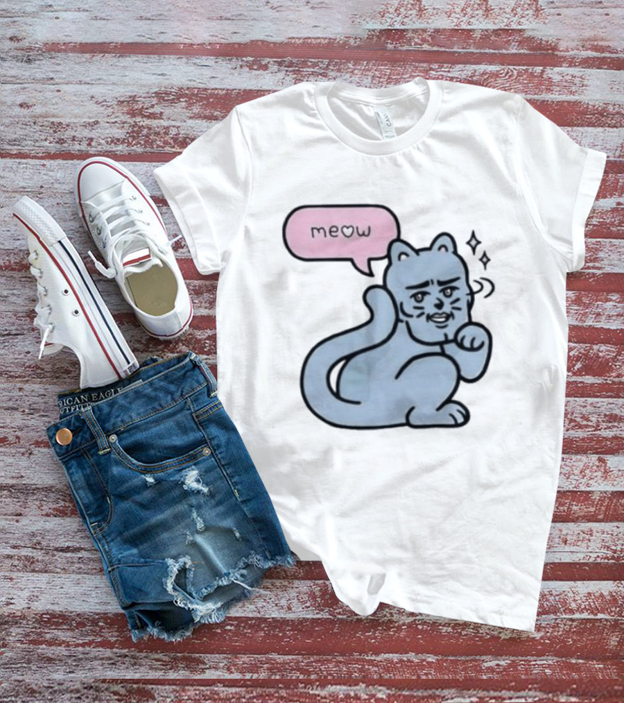 Meow Meme Cat With Human Face And Sparkles T-Shirt