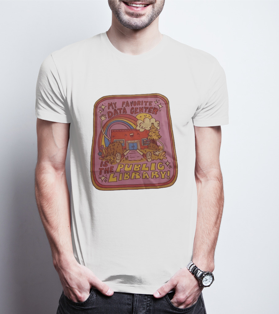 My Favorite Data Center Is The Public Library Rainbow Cartoon Library Scene T-Shirt