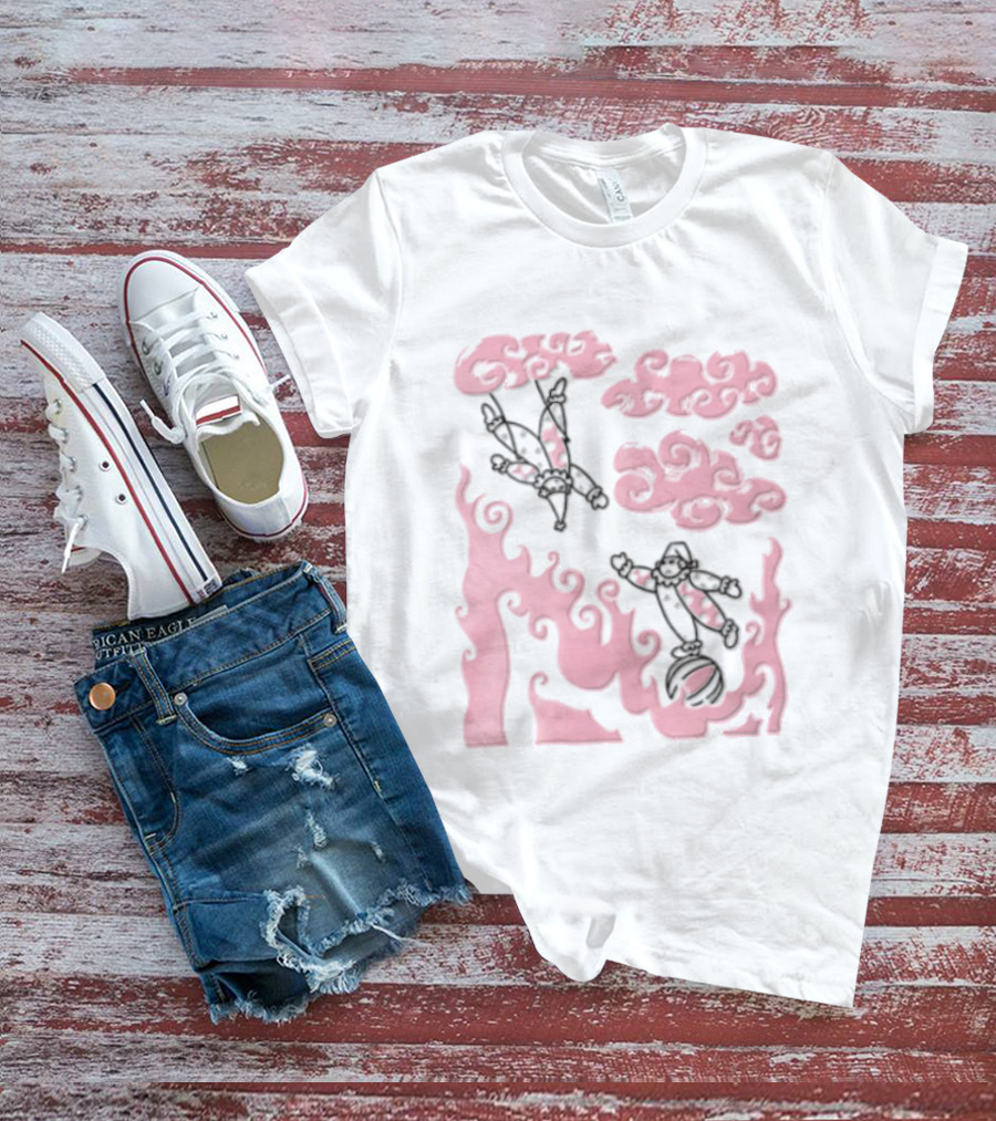 Pink Pastel Cartoon Circus Clowns Trapeze Ball Clouds Flames T-Shirt