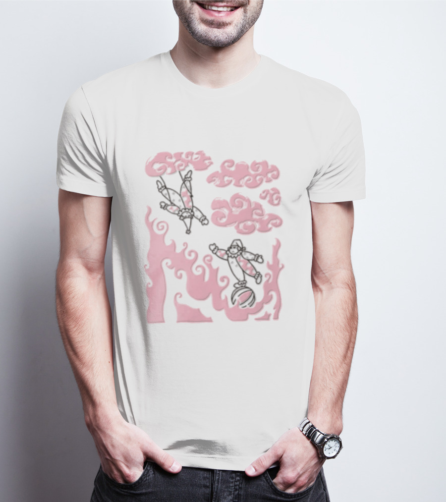 Pink Pastel Cartoon Circus Clowns Trapeze Ball Clouds Flames T-Shirt