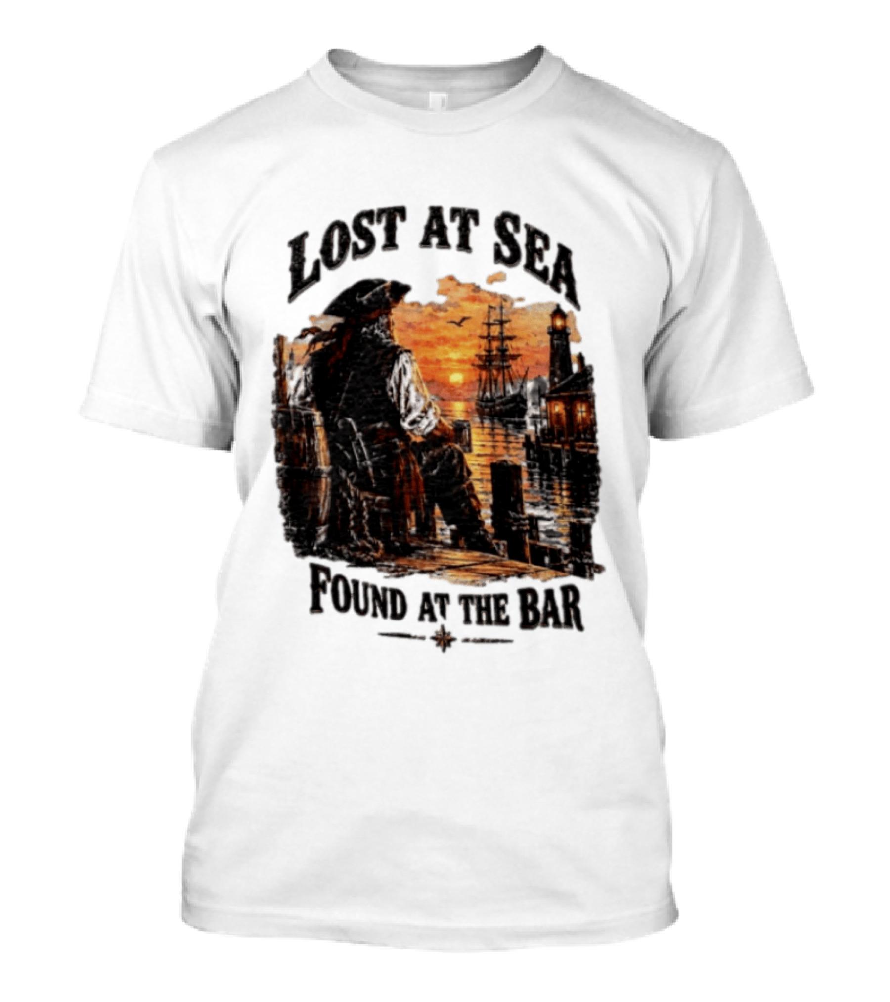 Lost At Sea Found At The Bar Pirate Sunset Tavern Lighthouse Nautical Adventure T-Shirt