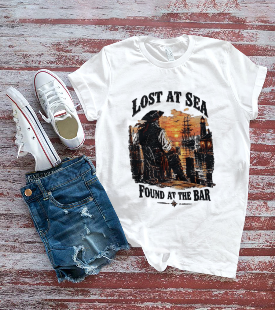 Lost At Sea Found At The Bar Pirate Sunset Tavern Lighthouse Nautical Adventure T-Shirt