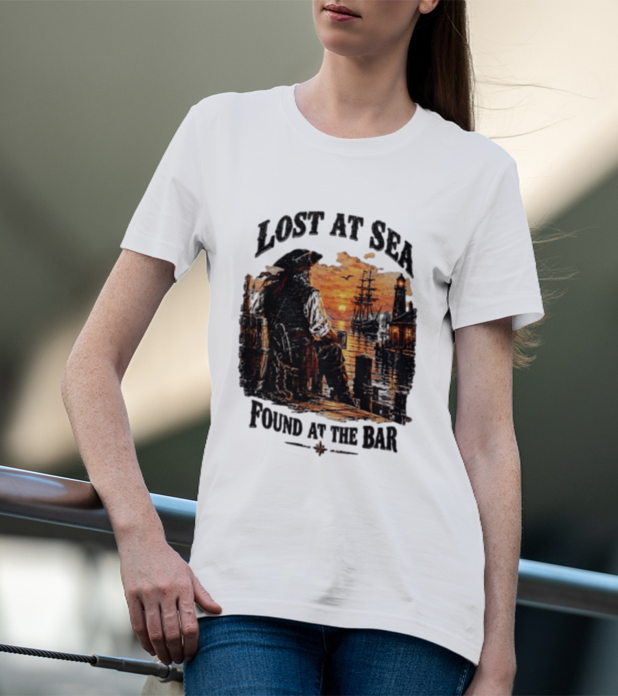 Lost At Sea Found At The Bar Pirate Sunset Tavern Lighthouse Nautical Adventure T-Shirt