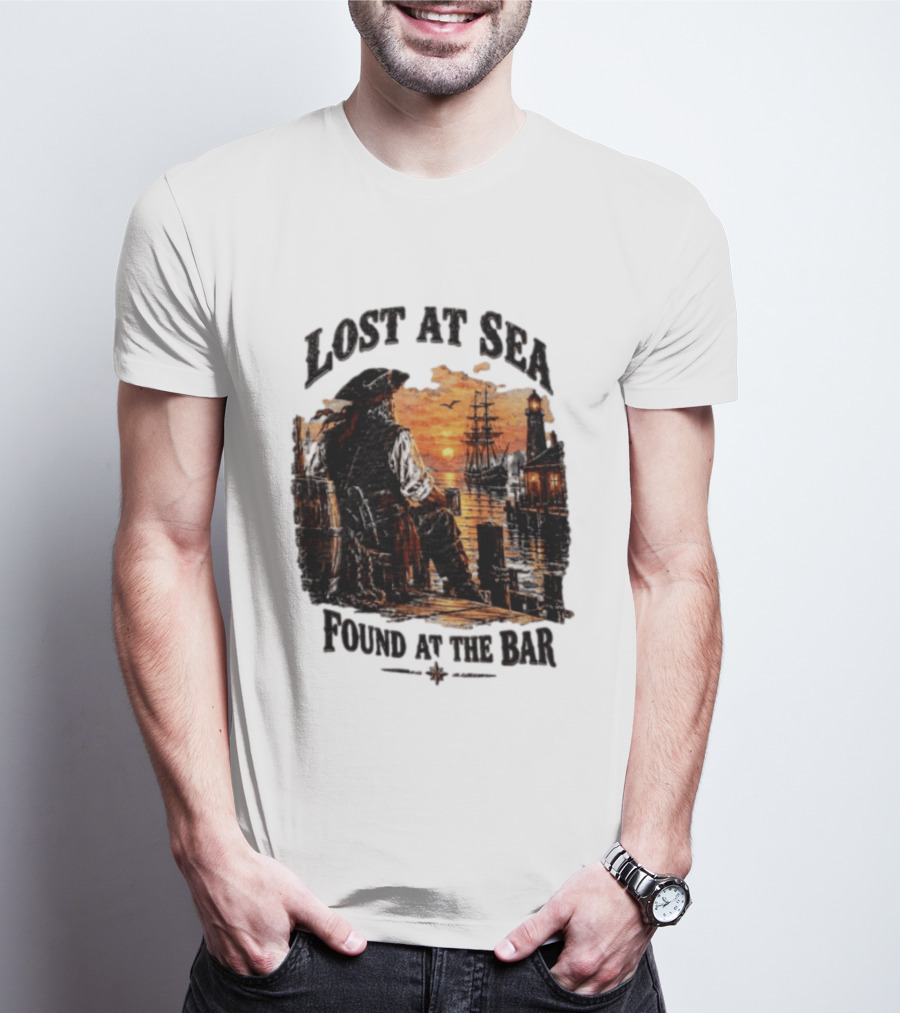 Lost At Sea Found At The Bar Pirate Sunset Tavern Lighthouse Nautical Adventure T-Shirt