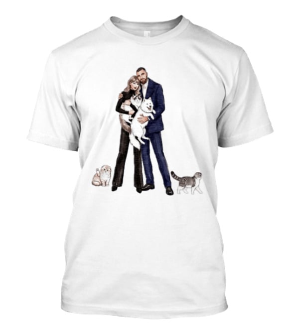 Kansas City Chiefs Couple Taylor Travis Kelce With Cats And Dog T-Shirt