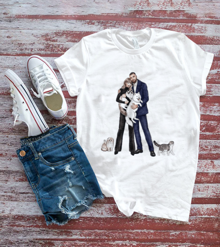 Kansas City Chiefs Couple Taylor Travis Kelce With Cats And Dog T-Shirt