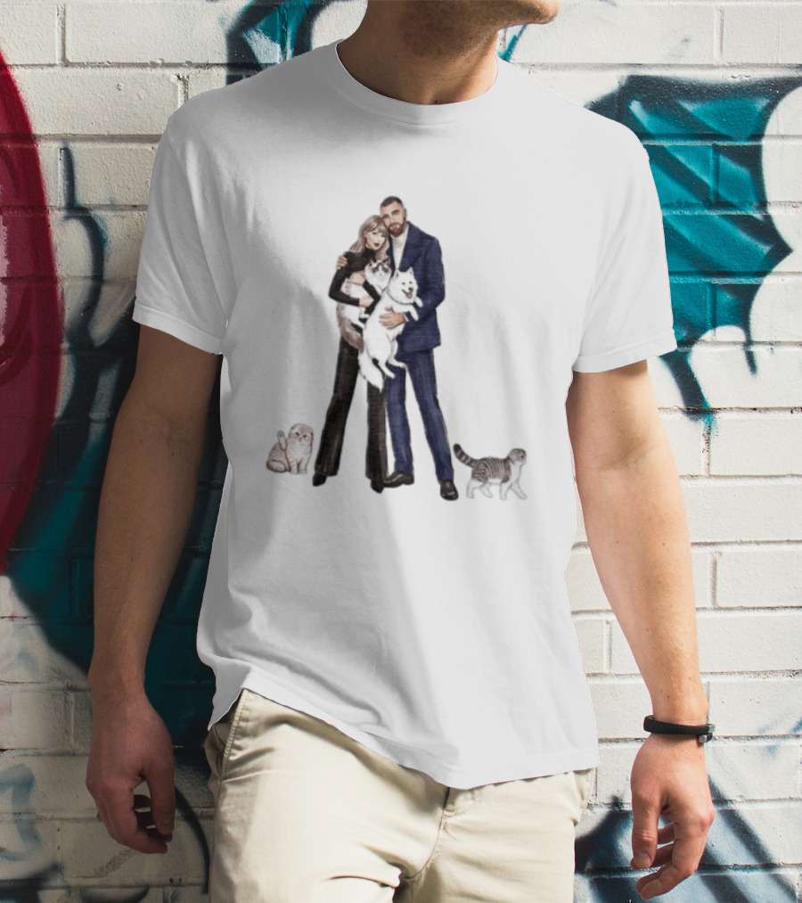 Kansas City Chiefs Couple Taylor Travis Kelce With Cats And Dog T-Shirt