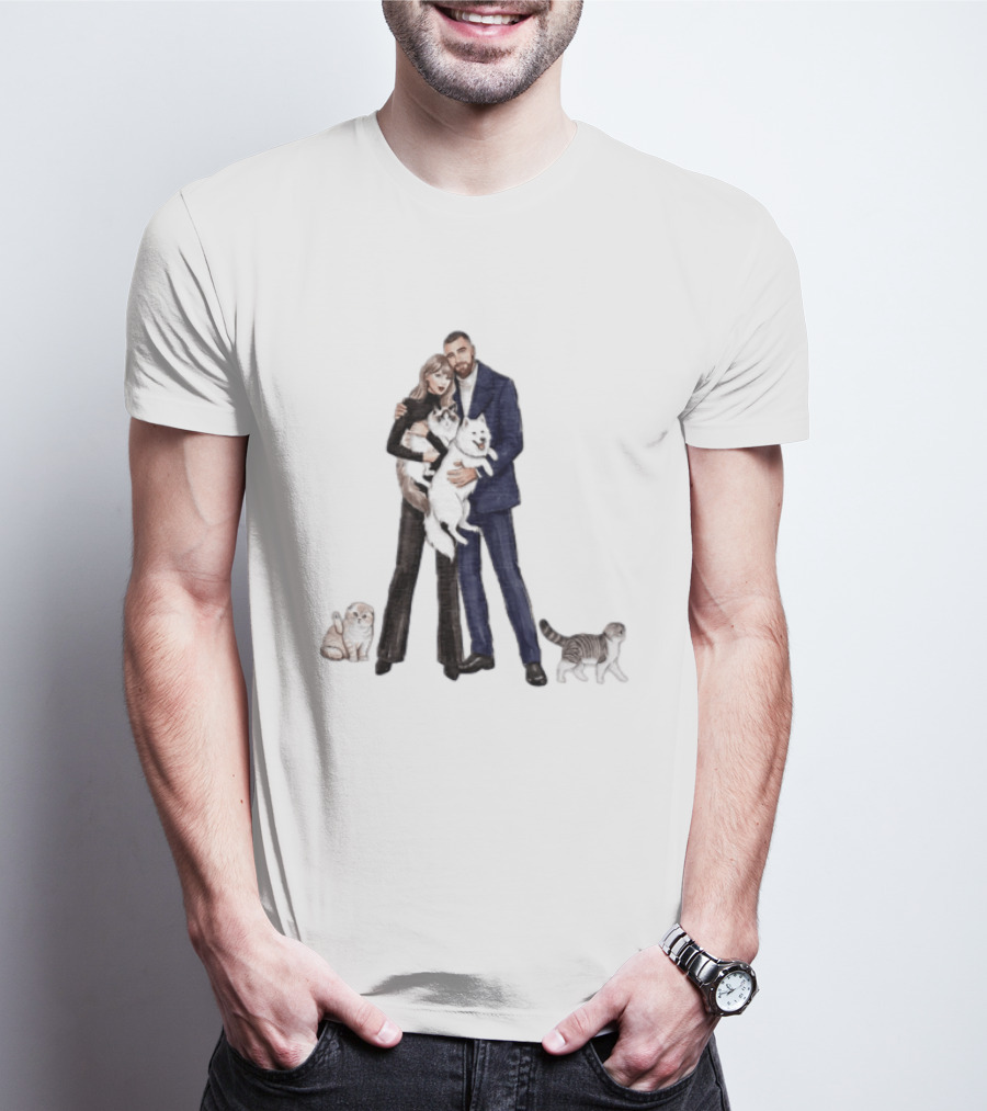 Kansas City Chiefs Couple Taylor Travis Kelce With Cats And Dog T-Shirt
