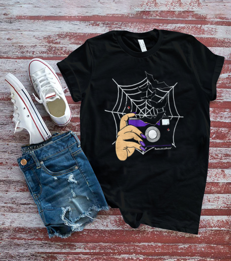 AmberNicoPhoto Camera With Bats And Spider Web Halloween T-Shirt