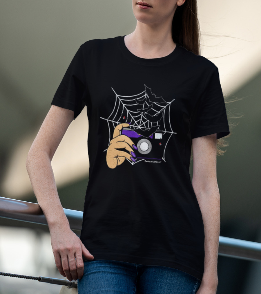 AmberNicoPhoto Camera With Bats And Spider Web Halloween T-Shirt