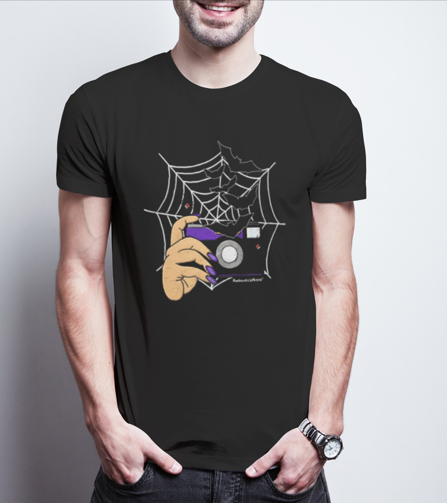 AmberNicoPhoto Camera With Bats And Spider Web Halloween T-Shirt