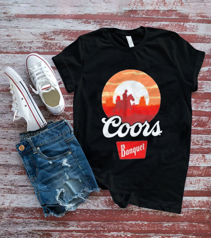 Coors Banquet Cowboy Horseback Riding At Sunset Western Scene T-Shirt