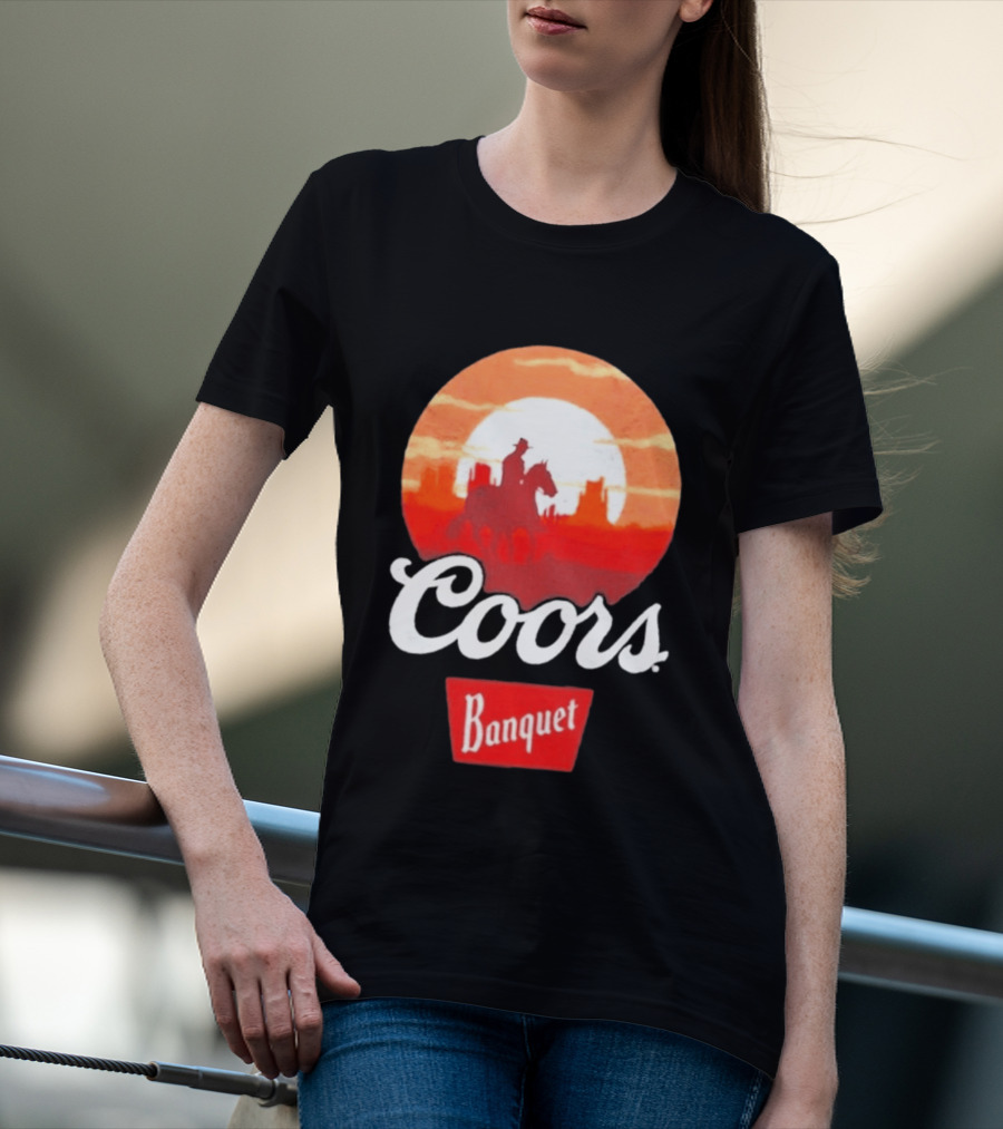 Coors Banquet Cowboy Horseback Riding At Sunset Western Scene T-Shirt