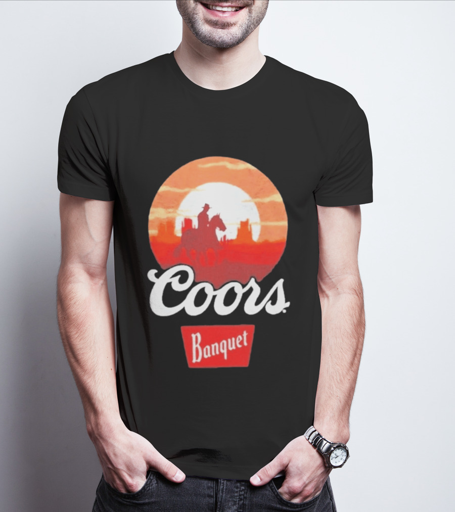 Coors Banquet Cowboy Horseback Riding At Sunset Western Scene T-Shirt
