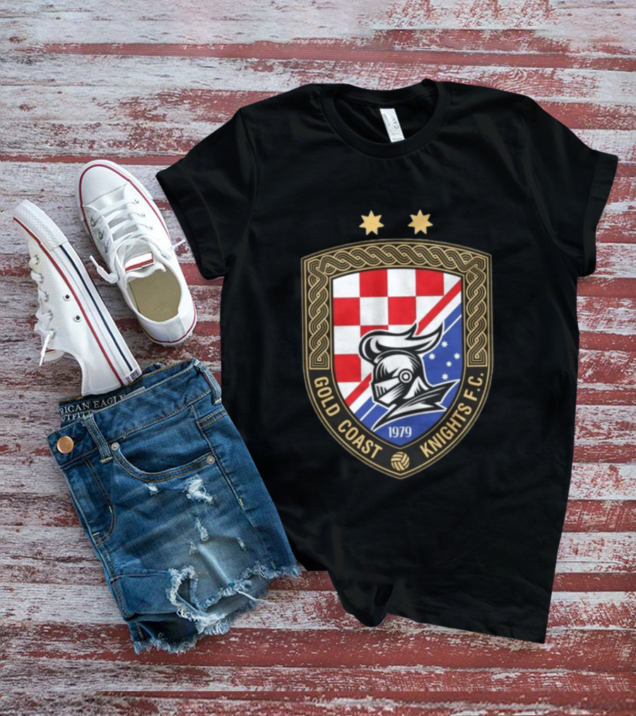 Gold Coast Knights F.C. 1979 Crest With Chessboard Pattern And Knight Helmet T-Shirt