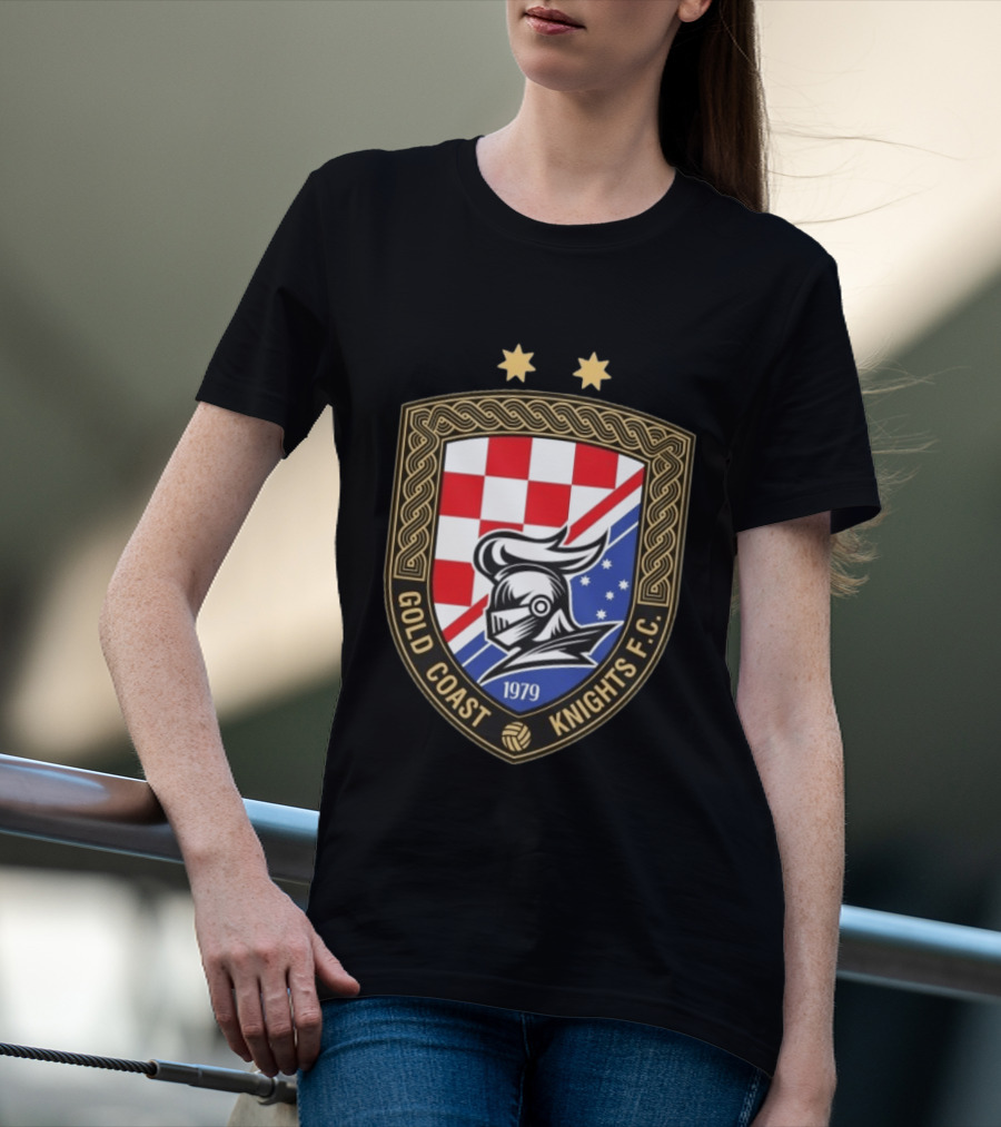 Gold Coast Knights F.C. 1979 Crest With Chessboard Pattern And Knight Helmet T-Shirt