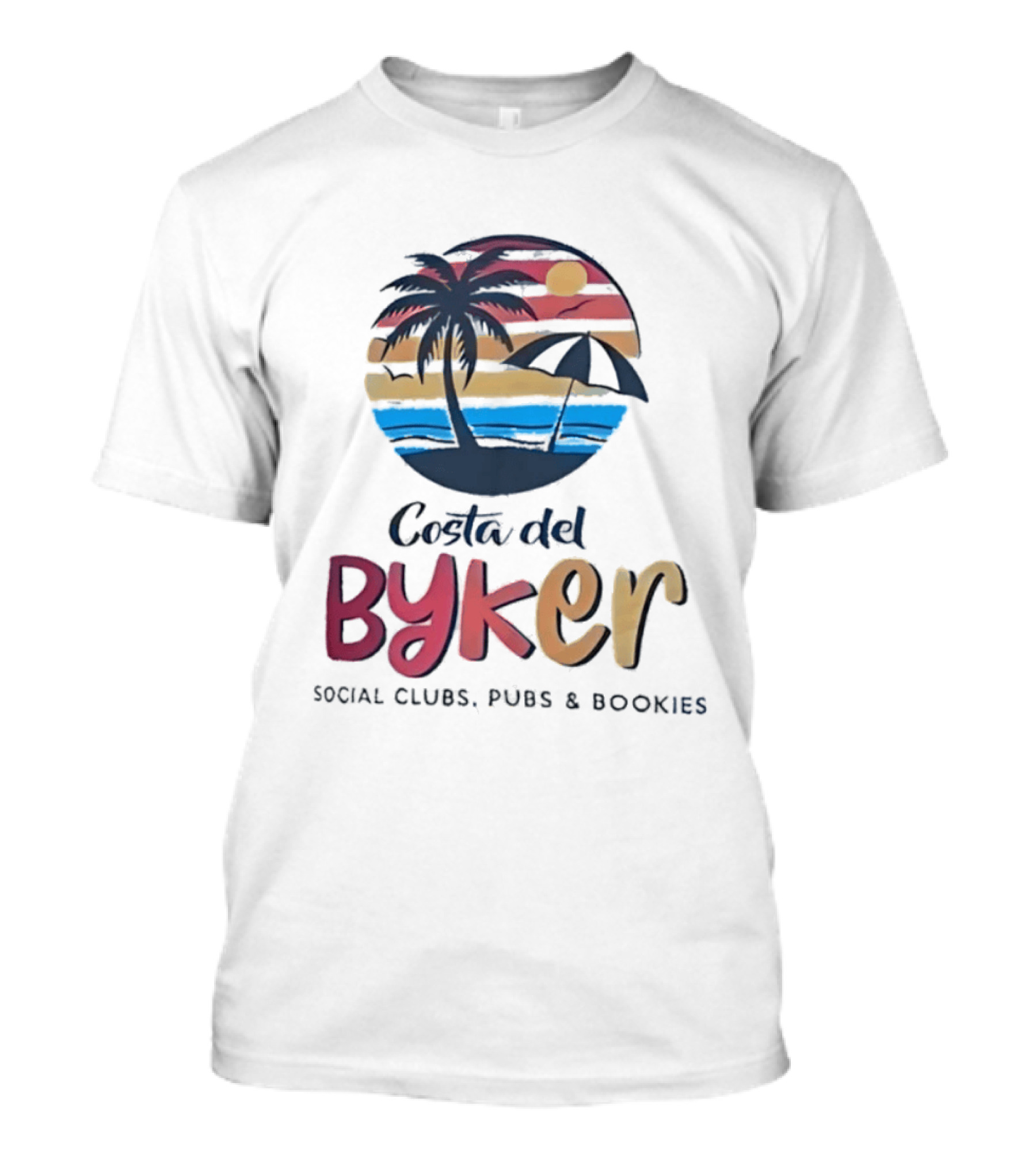Costa Del Byker Social Clubs Pubs Bookies Palm Tree Sunset Beach Umbrella T-Shirt