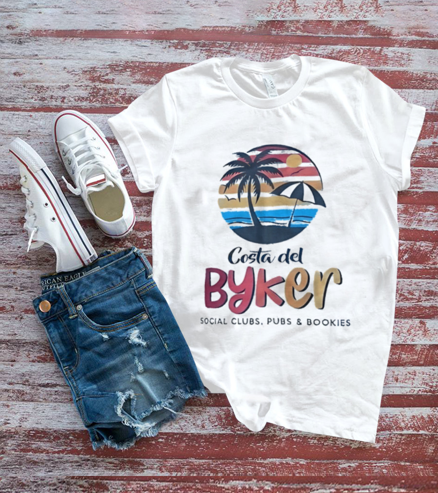 Costa Del Byker Social Clubs Pubs Bookies Palm Tree Sunset Beach Umbrella T-Shirt