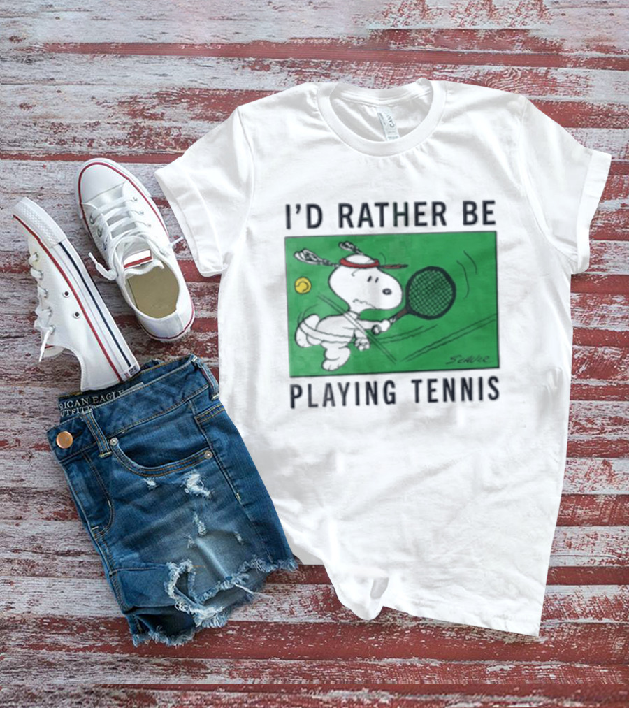 I'd Rather Be Playing Tennis Peanuts Snoopy Racquet Cartoon Green Court Schulz T-Shirt