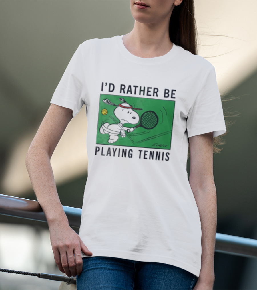 I'd Rather Be Playing Tennis Peanuts Snoopy Racquet Cartoon Green Court Schulz T-Shirt