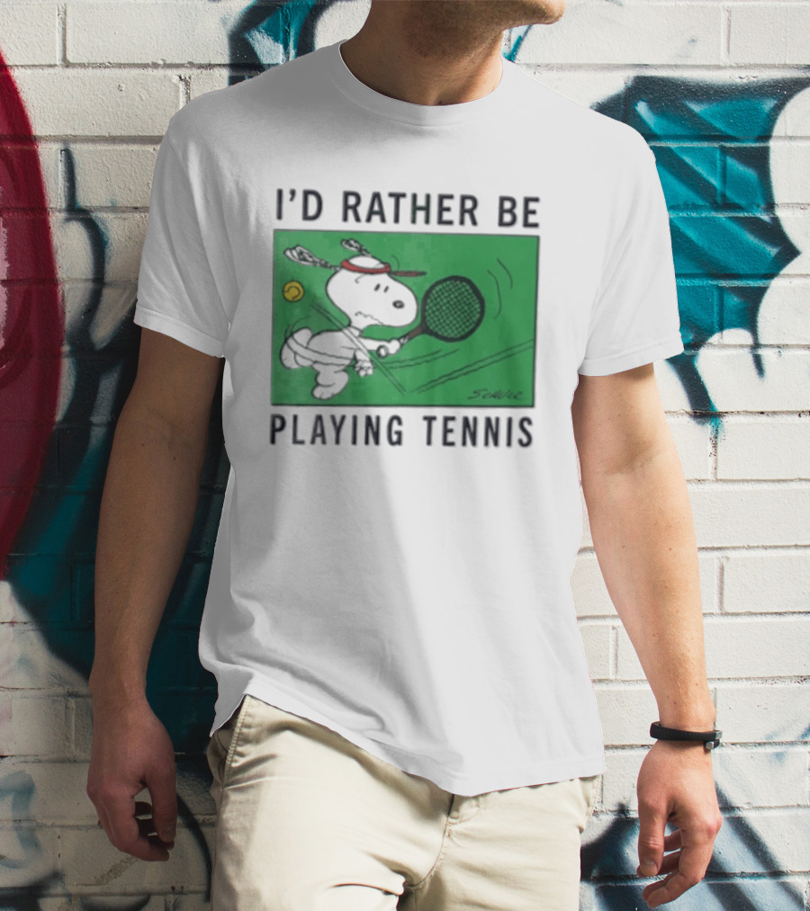 I'd Rather Be Playing Tennis Peanuts Snoopy Racquet Cartoon Green Court Schulz T-Shirt