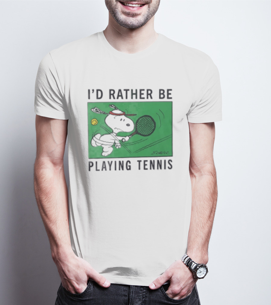 I'd Rather Be Playing Tennis Peanuts Snoopy Racquet Cartoon Green Court Schulz T-Shirt