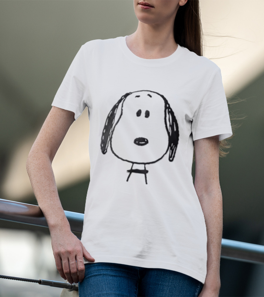 Peanuts Snoopy Dog Head Front Facing Black Line Cartoon Drawing T-Shirt