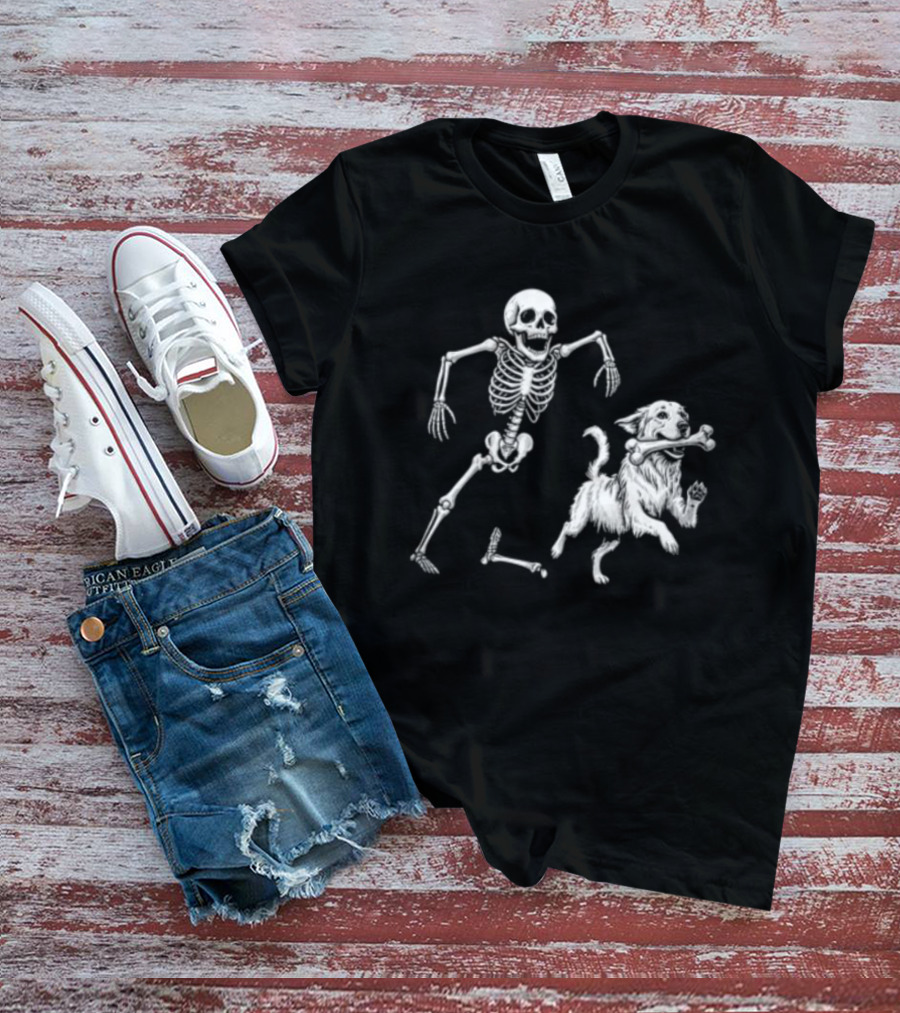 Skeleton Chasing Golden Retriever With Leg Bone T-Shirt