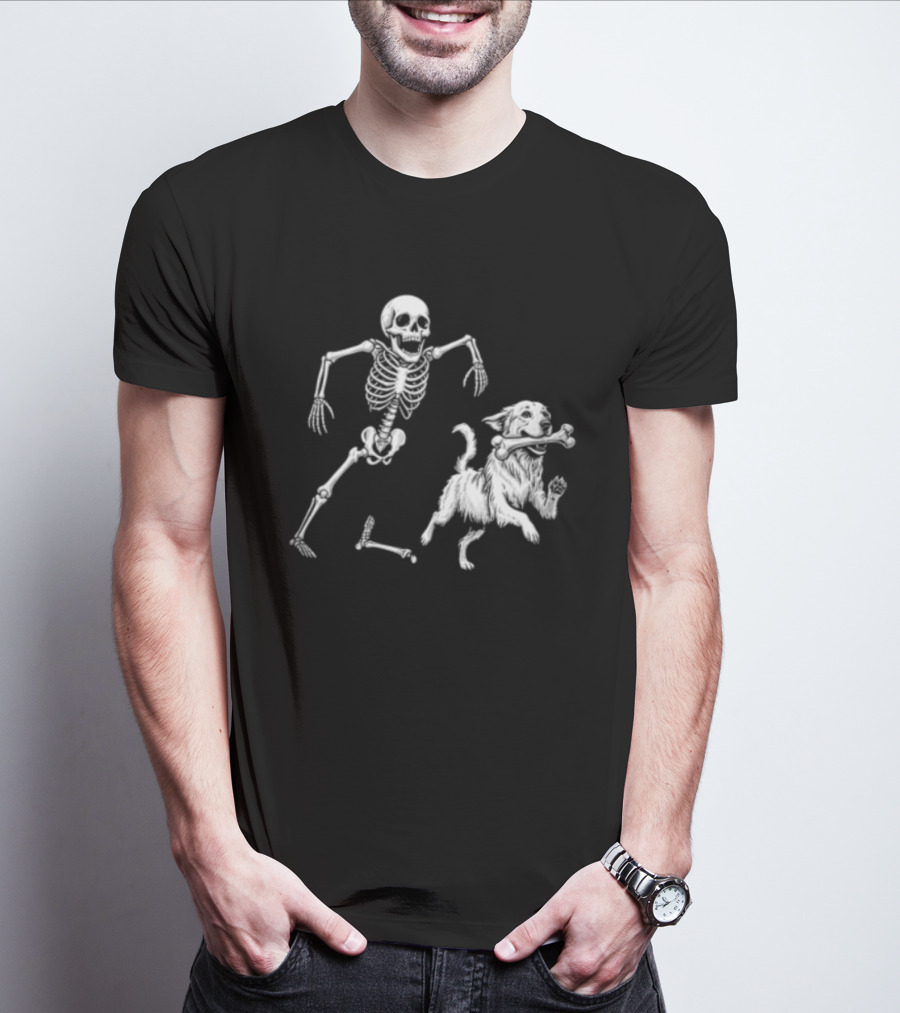 Skeleton Chasing Golden Retriever With Leg Bone T-Shirt