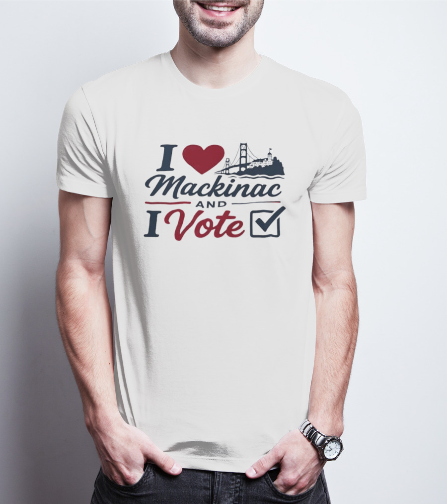 I Love Mackinac I Vote Michigan With Bridge And Checkmark T-Shirt
