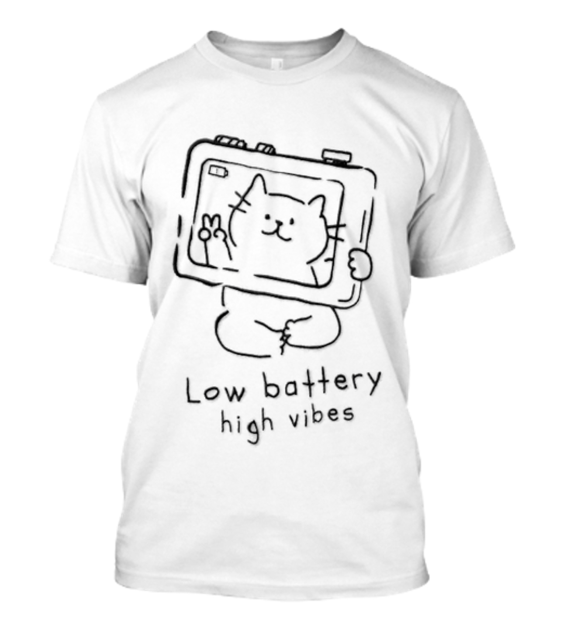 Low Battery High Vibes Cat Hand Drawn Style Fun T-Shirt