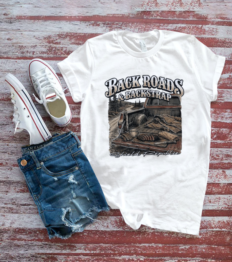 Back Roads & Backstrap Shield Republic Hunting Truck Scene T-Shirt
