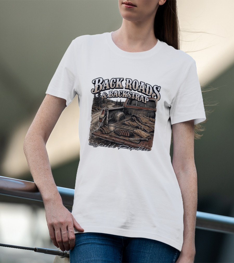 Back Roads & Backstrap Shield Republic Hunting Truck Scene T-Shirt