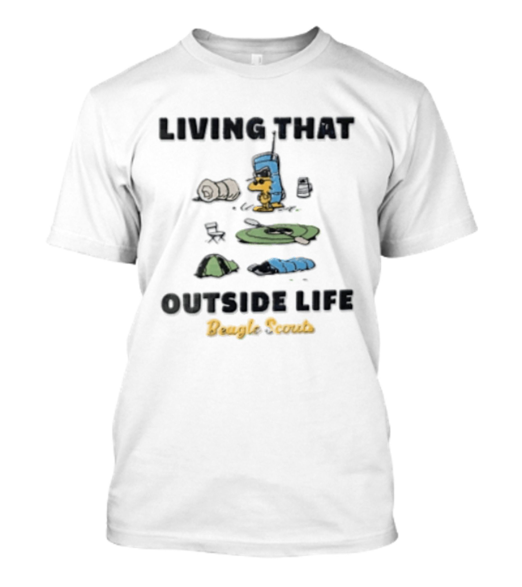 Living That Outside Life Beagle Scouts Woodstock Camping Est 1974 Distressed Cartoon T-Shirt