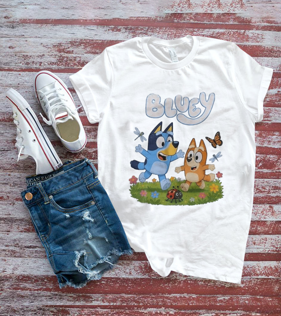 Bluey And Friends Playing With Bugs And Butterflies In The Meadow T-Shirt