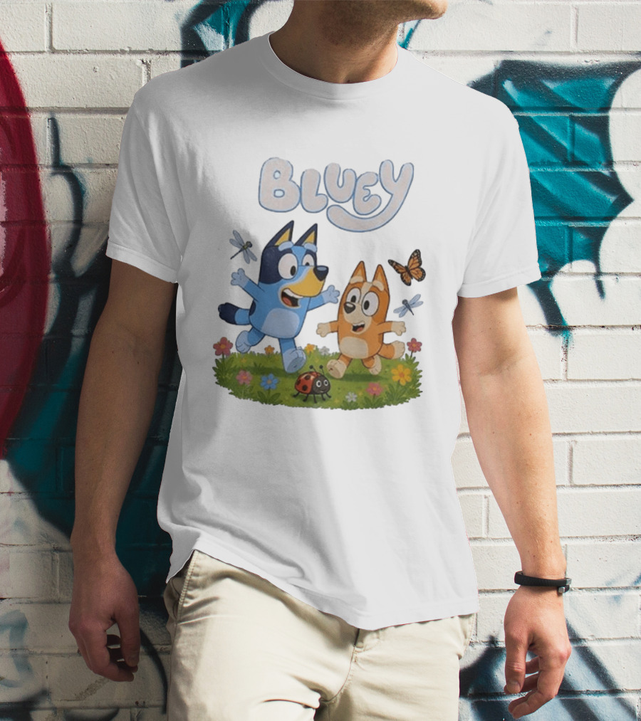 Bluey And Friends Playing With Bugs And Butterflies In The Meadow T-Shirt