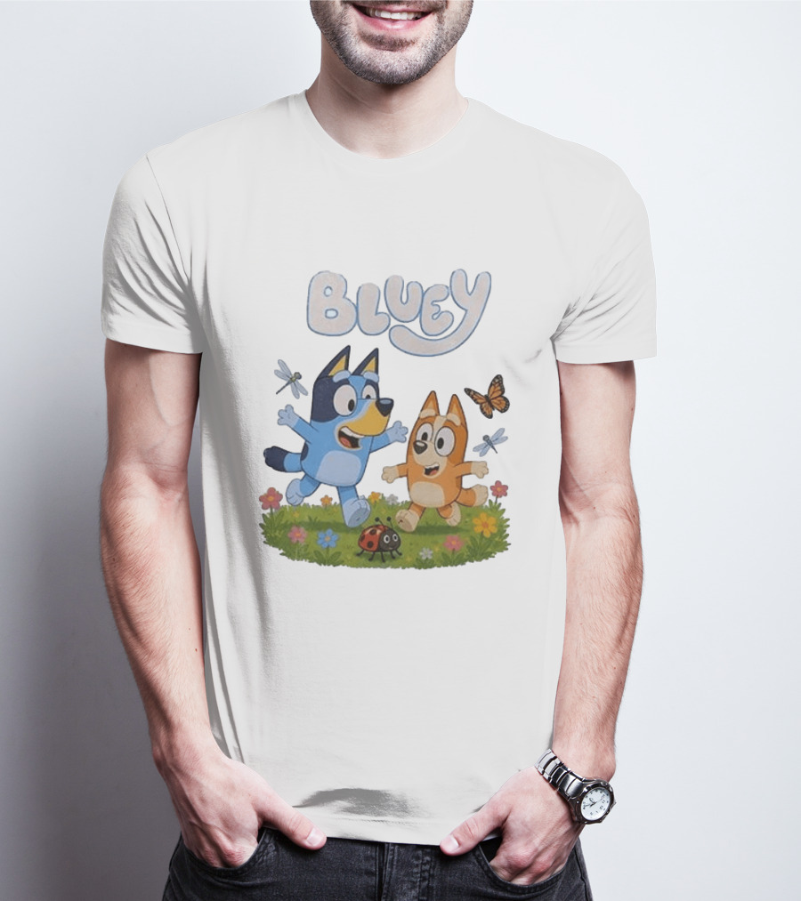 Bluey And Friends Playing With Bugs And Butterflies In The Meadow T-Shirt