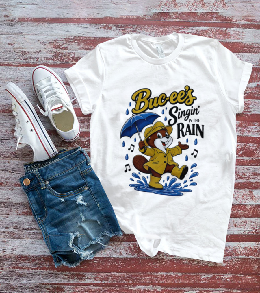 Buc Ee's Singin In The Rain Umbrella Beaver Cheerful Splash T-Shirt