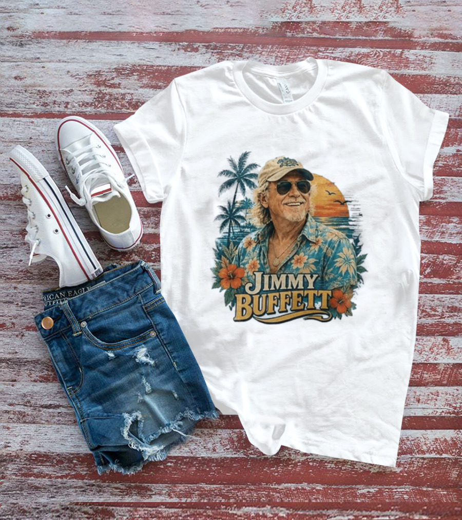Jimmy Buffett Tropical Vibes Sunset And Palm Trees Floral T-Shirt